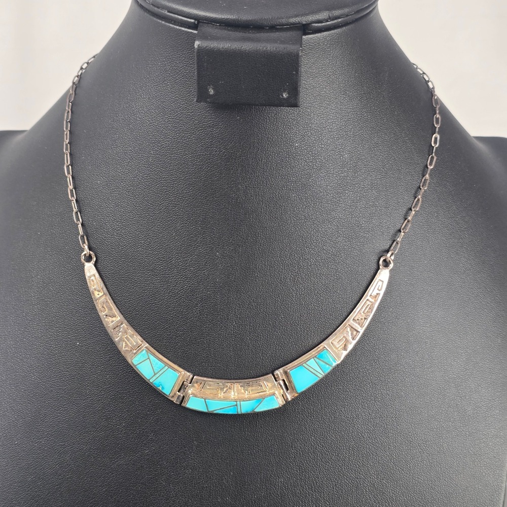 Vintage Southwestern Style Sterling Silver Turquoise Inlay Greek Key Necklace